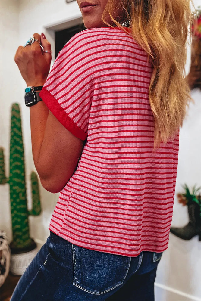 Pink Stripe Knitted Round Neck T Shirt Dear lover