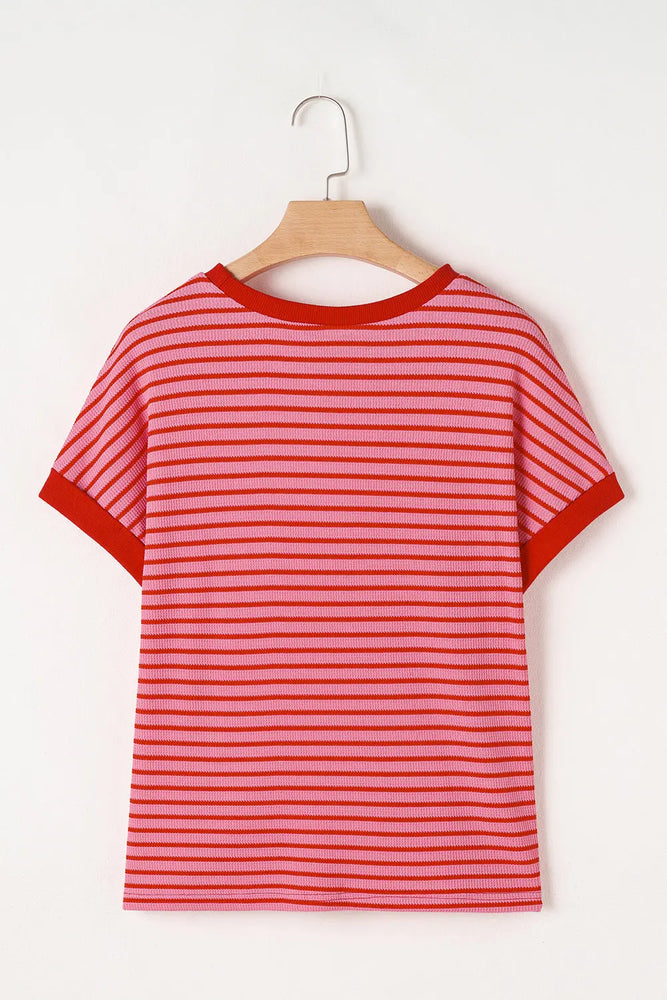 Pink Stripe Knitted Round Neck T Shirt Dear lover
