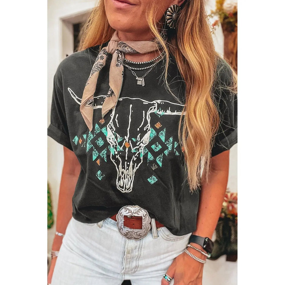 Carbon Grey Vintage Western Bull Head Skull Turquoise Aztec Graphic T Shirt Dear lover