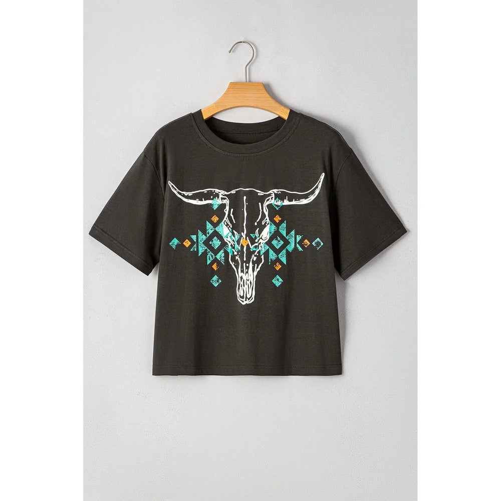 Carbon Grey Vintage Western Bull Head Skull Turquoise Aztec Graphic T Shirt Dear lover