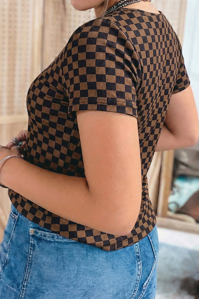 Black Checkerboard Round Neck Summer T Shirt Dear lover