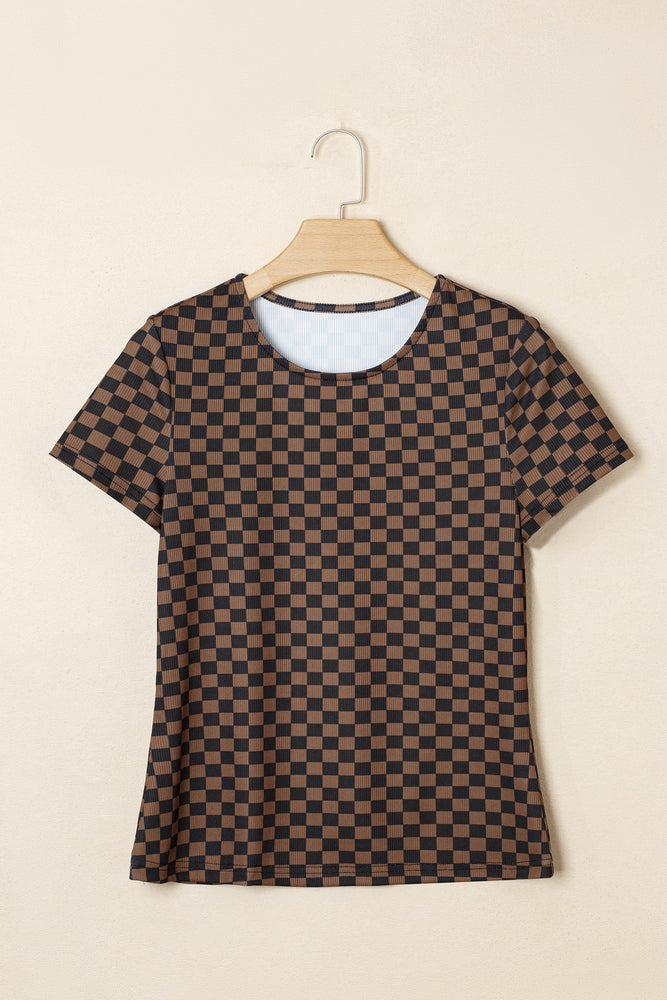 Black Checkerboard Round Neck Summer T Shirt Dear lover