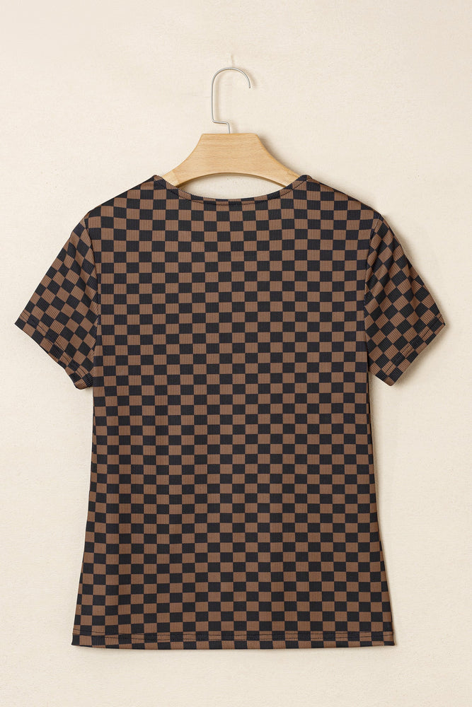 Black Checkerboard Round Neck Summer T Shirt Dear lover