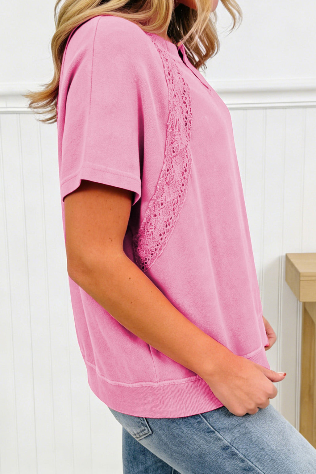 Pink Mineral Wash Lace Patchwork Notched Neck Raw Cut Tee