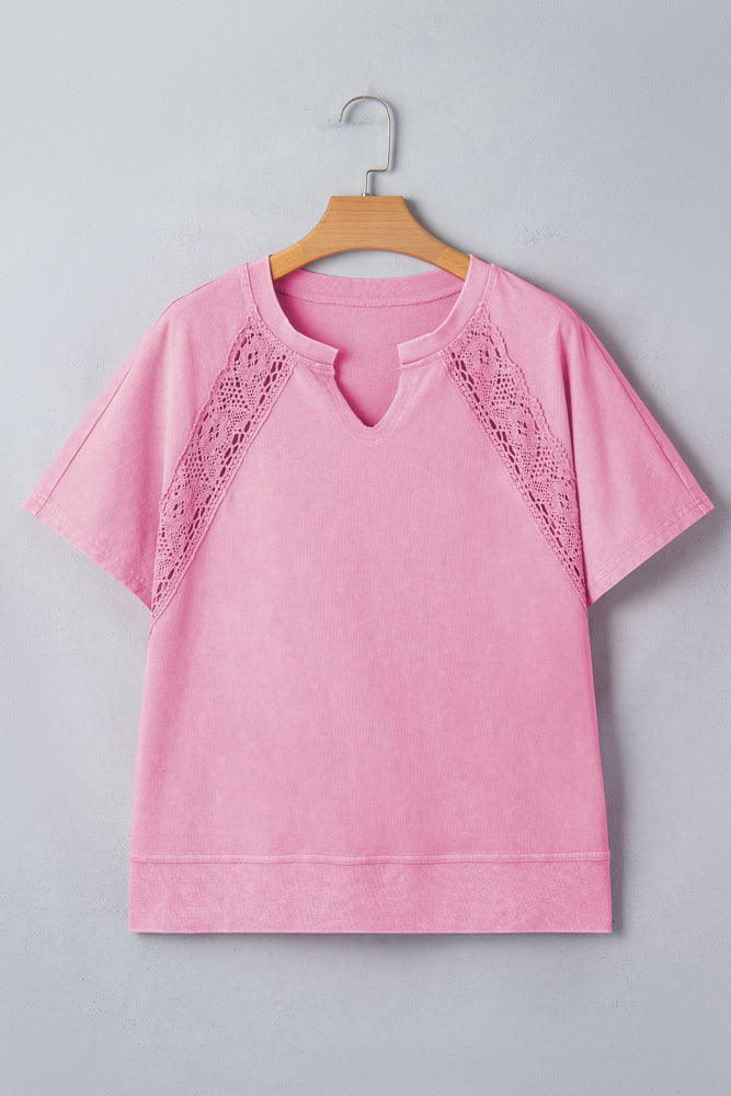 Pink Mineral Wash Lace Patchwork Notched Neck Raw Cut Tee Dear lover