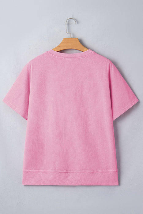 Pink Mineral Wash Lace Patchwork Notched Neck Raw Cut Tee Dear lover