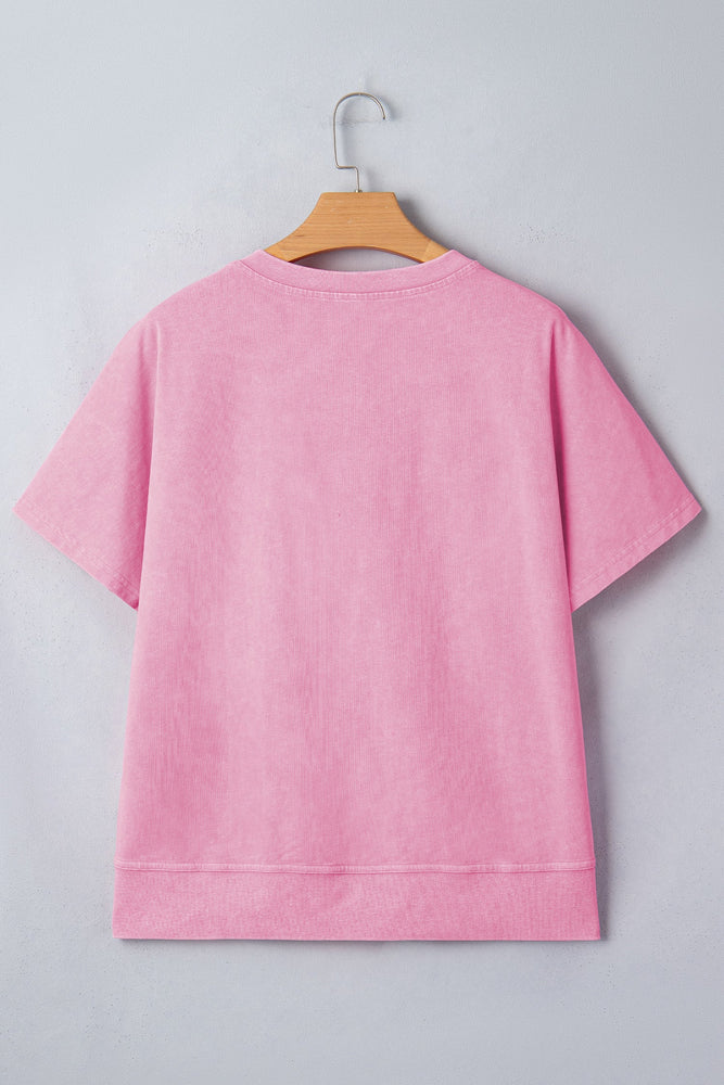 Pink Mineral Wash Lace Patchwork Notched Neck Raw Cut Tee Dear lover