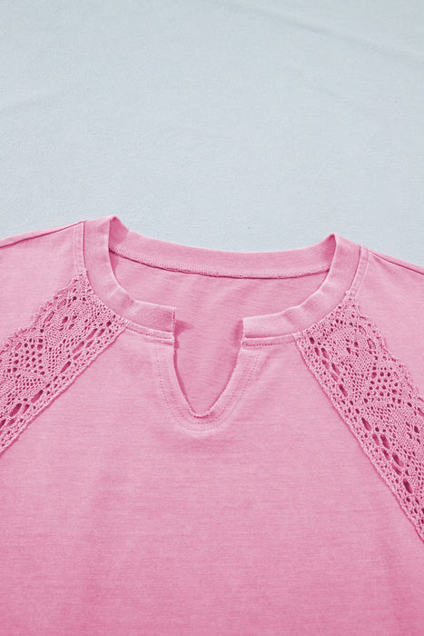 Pink Mineral Wash Lace Patchwork Notched Neck Raw Cut Tee Dear lover
