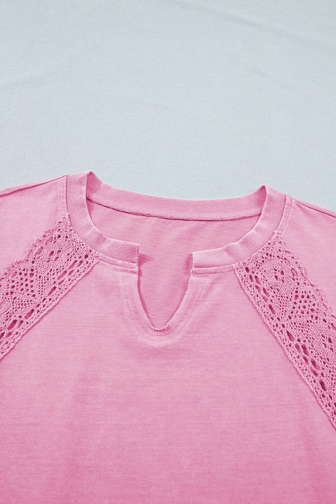 Pink Mineral Wash Lace Patchwork Notched Neck Raw Cut Tee Dear lover