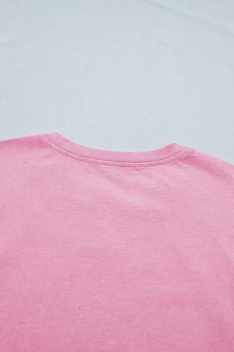 Pink Mineral Wash Lace Patchwork Notched Neck Raw Cut Tee Dear lover