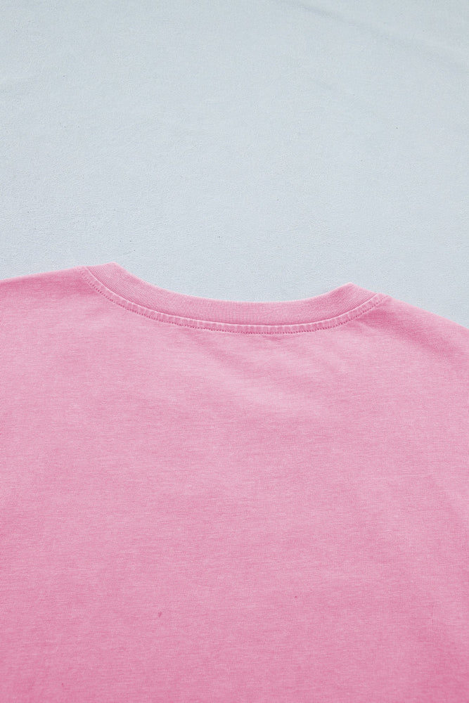 Pink Mineral Wash Lace Patchwork Notched Neck Raw Cut Tee Dear lover