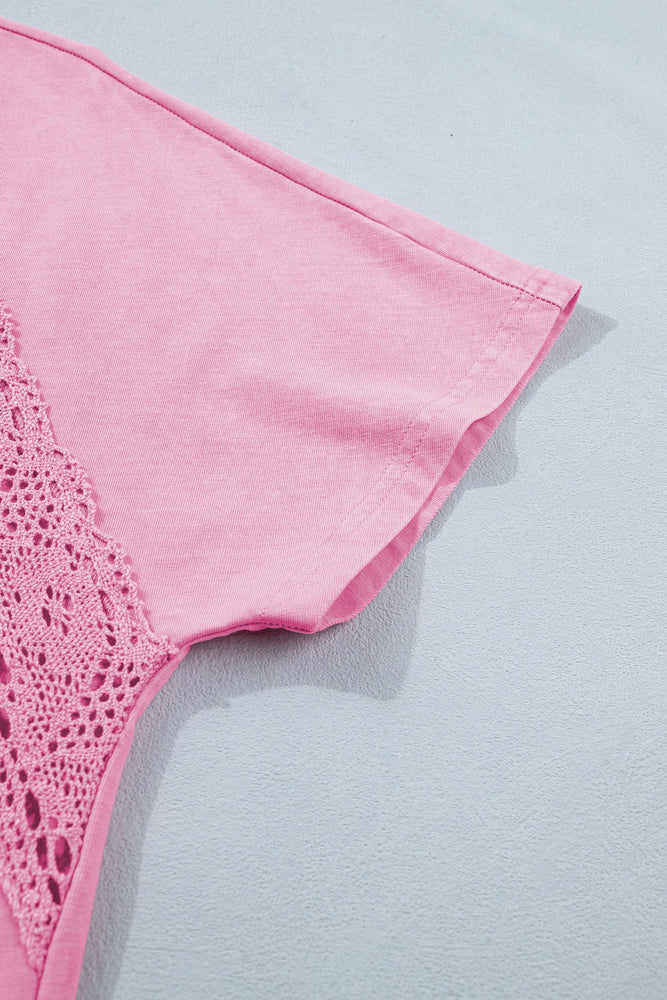 Pink Mineral Wash Lace Patchwork Notched Neck Raw Cut Tee Dear lover