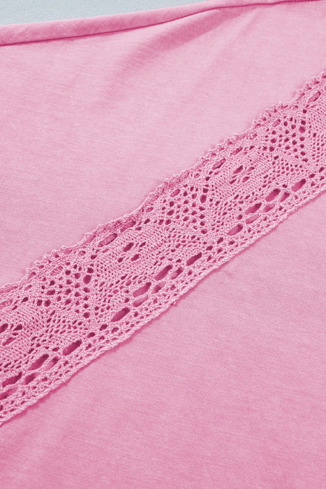 Pink Mineral Wash Lace Patchwork Notched Neck Raw Cut Tee Dear lover