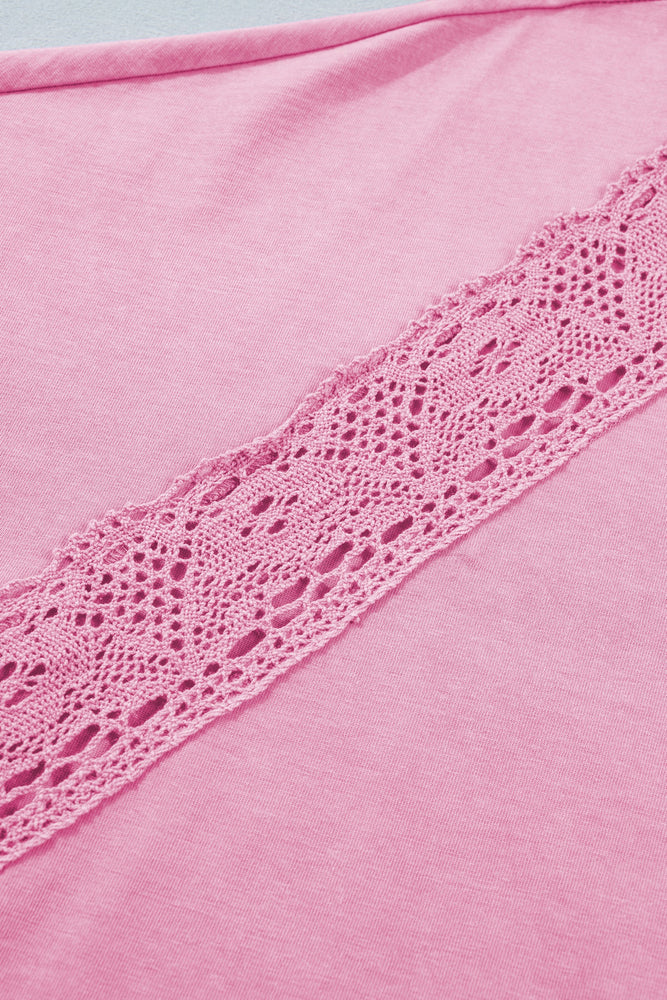 Pink Mineral Wash Lace Patchwork Notched Neck Raw Cut Tee Dear lover