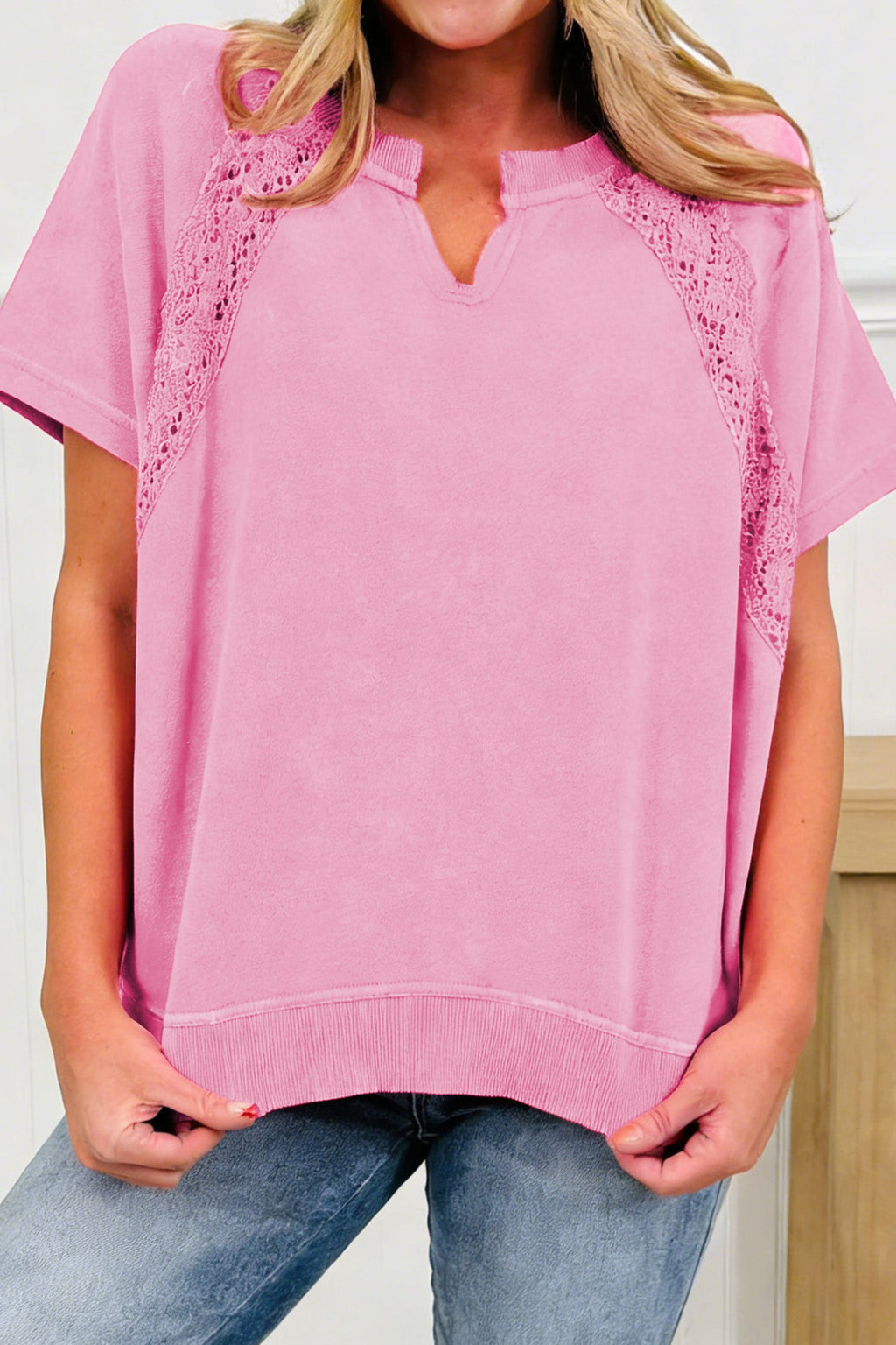 Pink Mineral Wash Lace Patchwork Notched Neck Raw Cut Tee