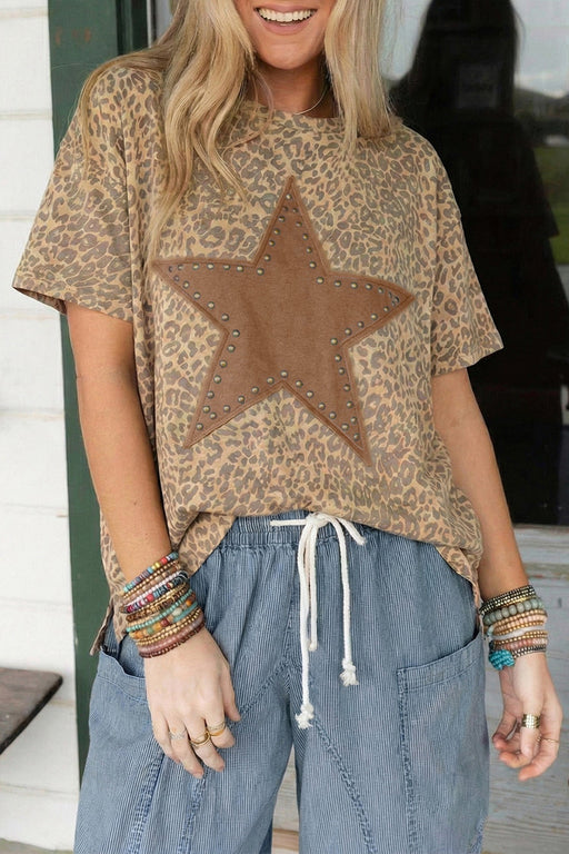 Brown Retro Leopard Print Lace-up Elastic Waistband Mid Rise Denim Shorts Dear lover