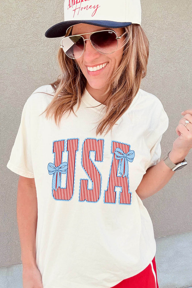 White USA Patriotic Letter Print Summer Casual T Shirt Dear lover