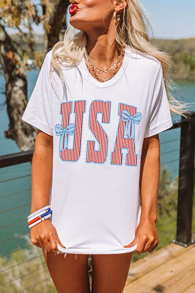 White USA Patriotic Letter Print Summer Casual T Shirt Dear lover