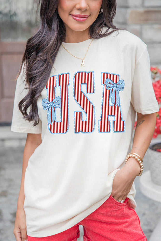 White USA Patriotic Letter Print Summer Casual T Shirt Dear lover