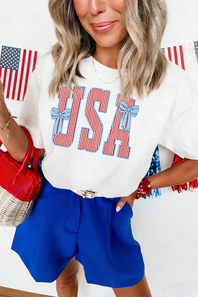 White USA Patriotic Letter Print Summer Casual T Shirt Dear lover