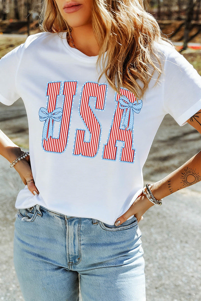 White USA Patriotic Letter Print Summer Casual T Shirt Dear lover