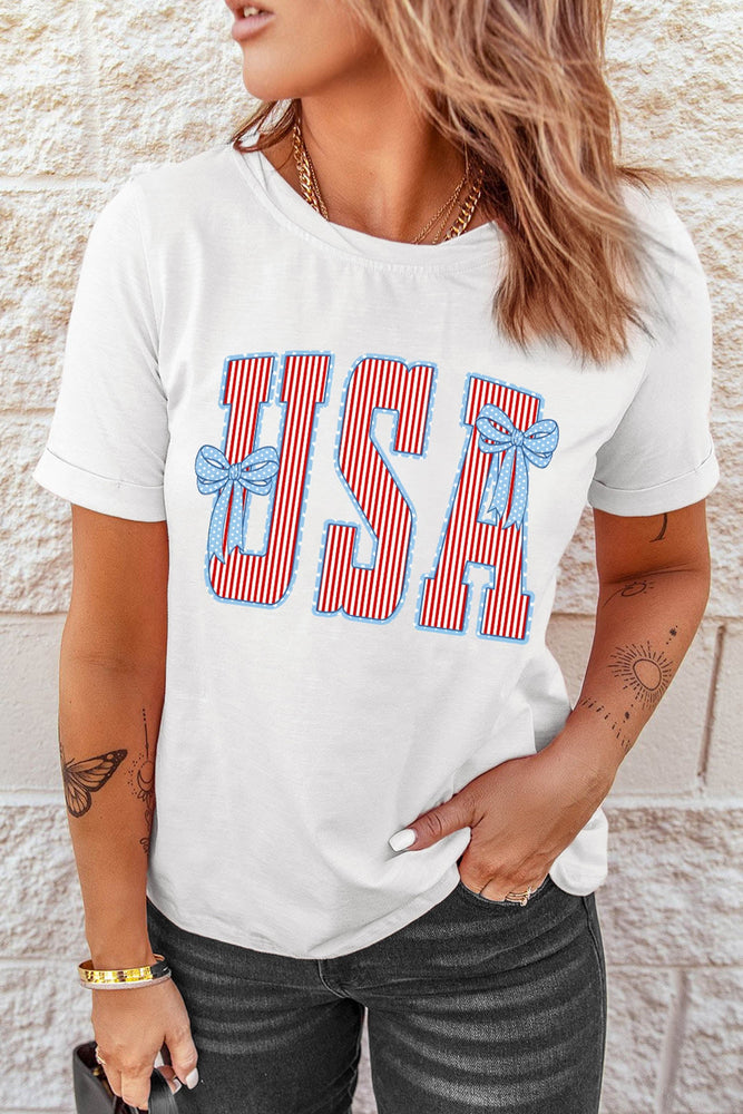 White USA Patriotic Letter Print Summer Casual T Shirt Dear lover