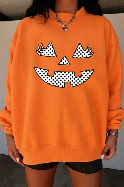 Carrot Polka Dot Pumpkin Face Halloween Graphic Pullover Sweatshirt