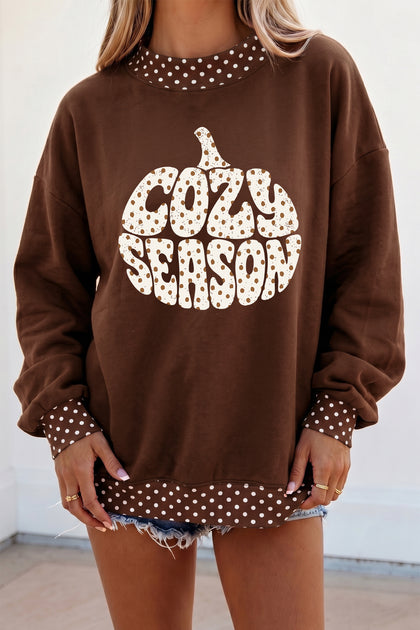 Brown Polka Dot COZY SEASON Pumpkin Graphic Sweatshirt