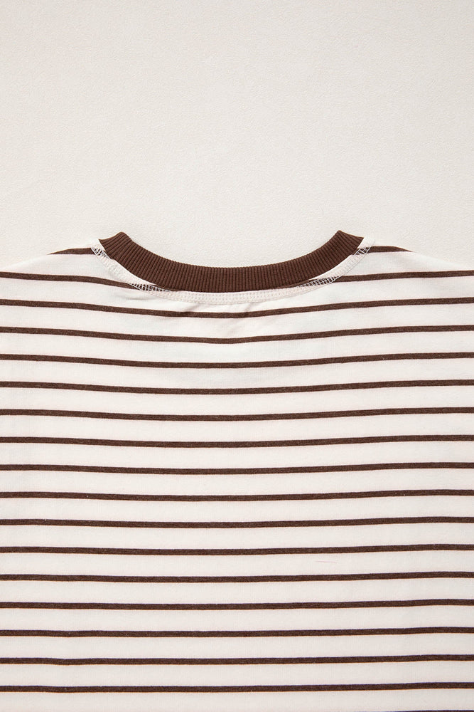 Brown Stripe Ribbed Round Neck Trim Loose Tank Top Dear lover
