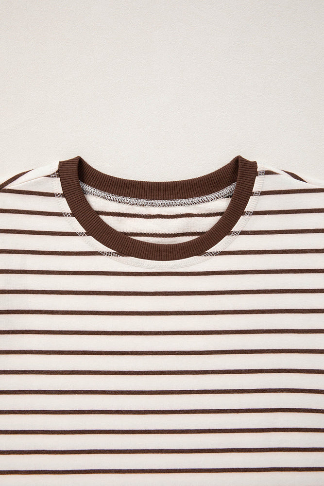 Brown Stripe Ribbed Round Neck Trim Loose Tank Top Dear lover