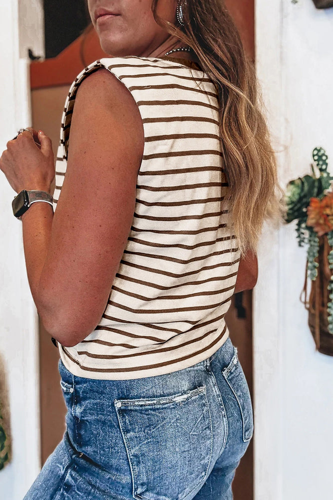 Brown Stripe Ribbed Round Neck Trim Loose Tank Top Dear lover