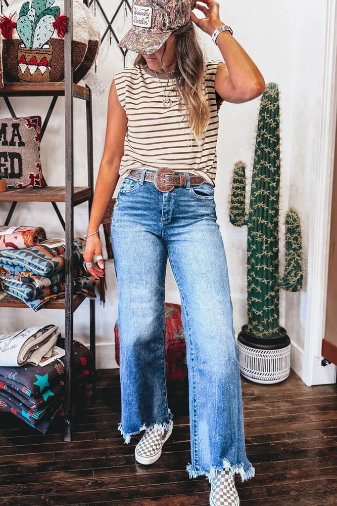 Brown Stripe Ribbed Round Neck Trim Loose Tank Top Dear lover