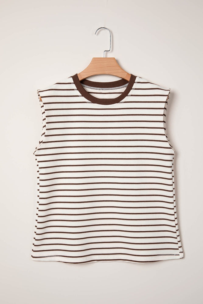 Brown Stripe Ribbed Round Neck Trim Loose Tank Top Dear lover