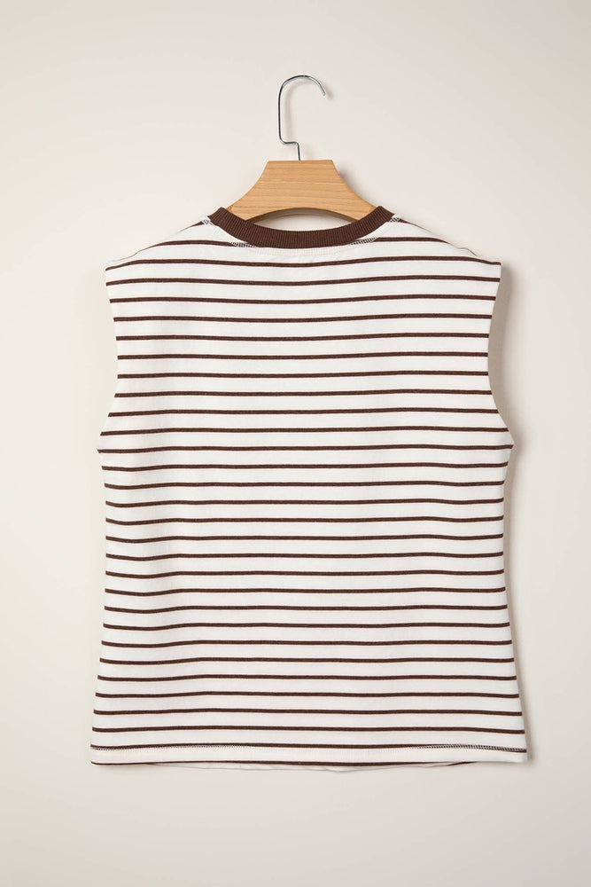 Brown Stripe Ribbed Round Neck Trim Loose Tank Top Dear lover