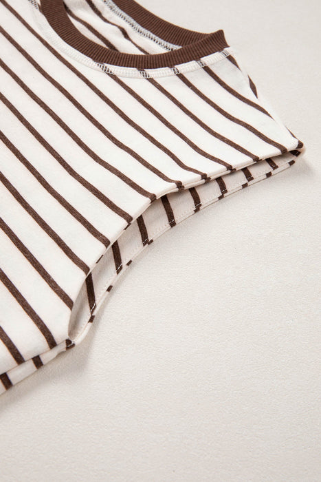 Brown Stripe Ribbed Round Neck Trim Loose Tank Top Dear lover