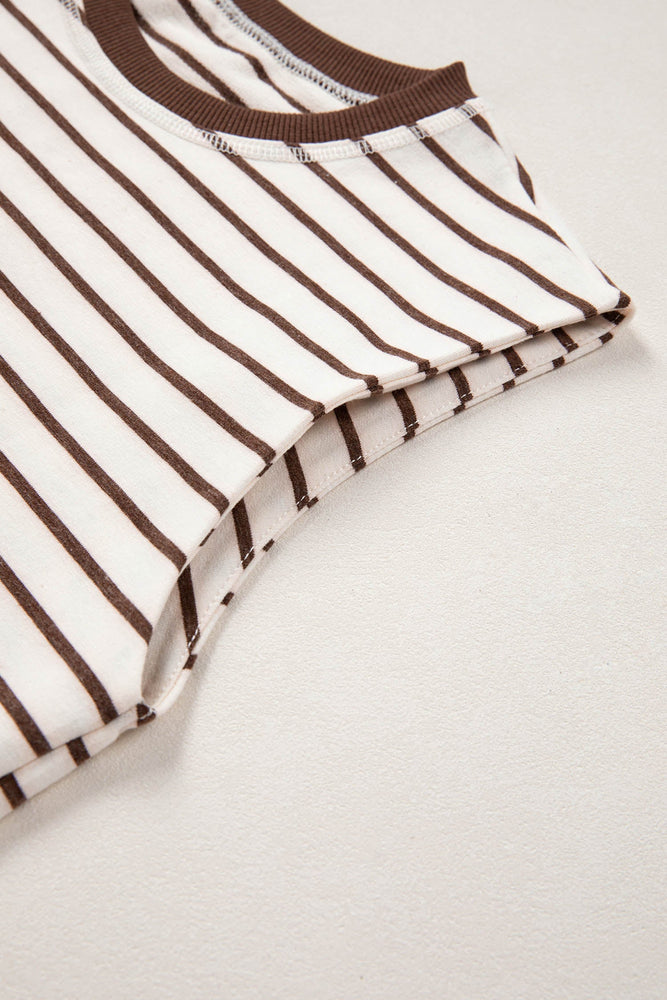 Brown Stripe Ribbed Round Neck Trim Loose Tank Top Dear lover