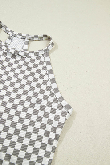 Gray Checkered Print Textured Halter Tank Top Dear lover