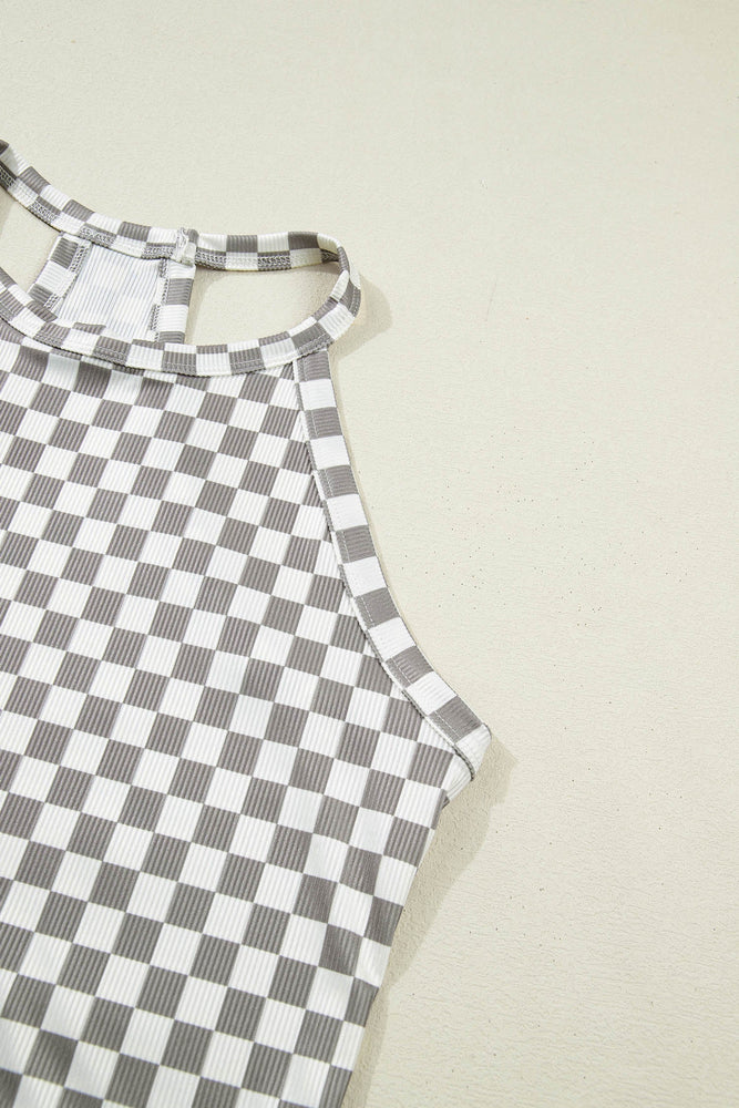 Gray Checkered Print Textured Halter Tank Top Dear lover