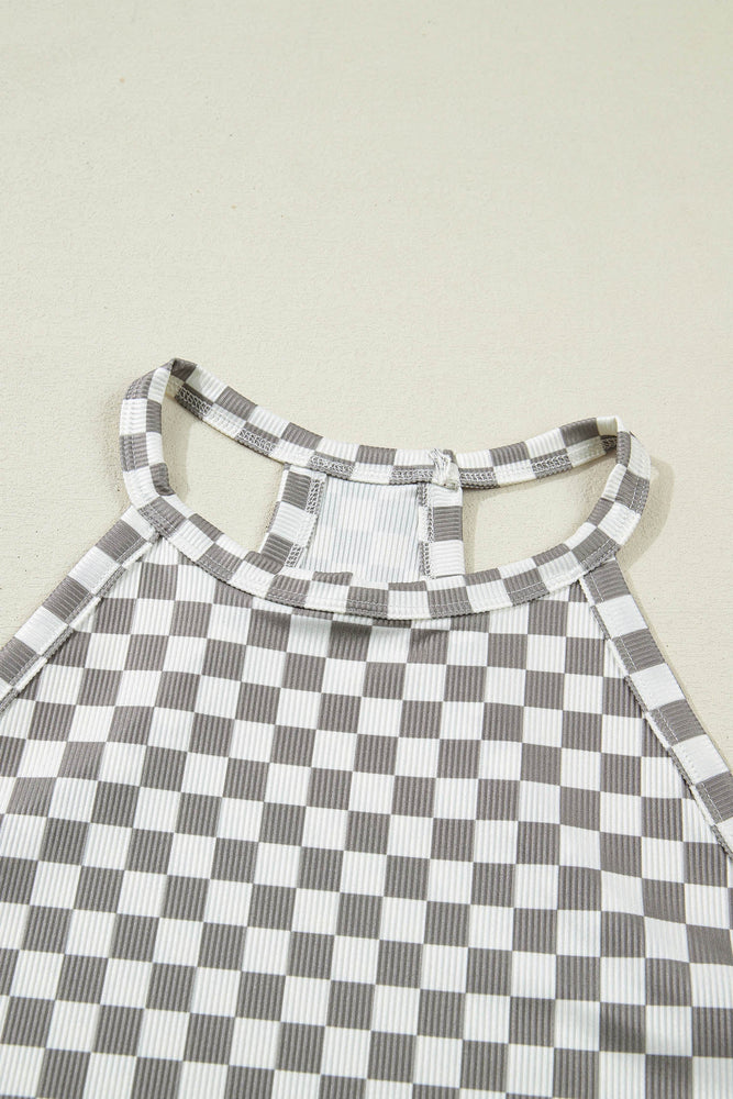 Gray Checkered Print Textured Halter Tank Top Dear lover