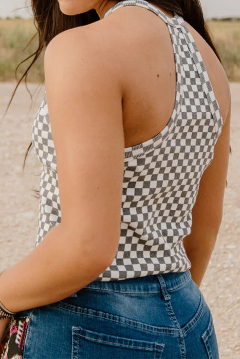 Gray Checkered Print Textured Halter Tank Top Dear lover
