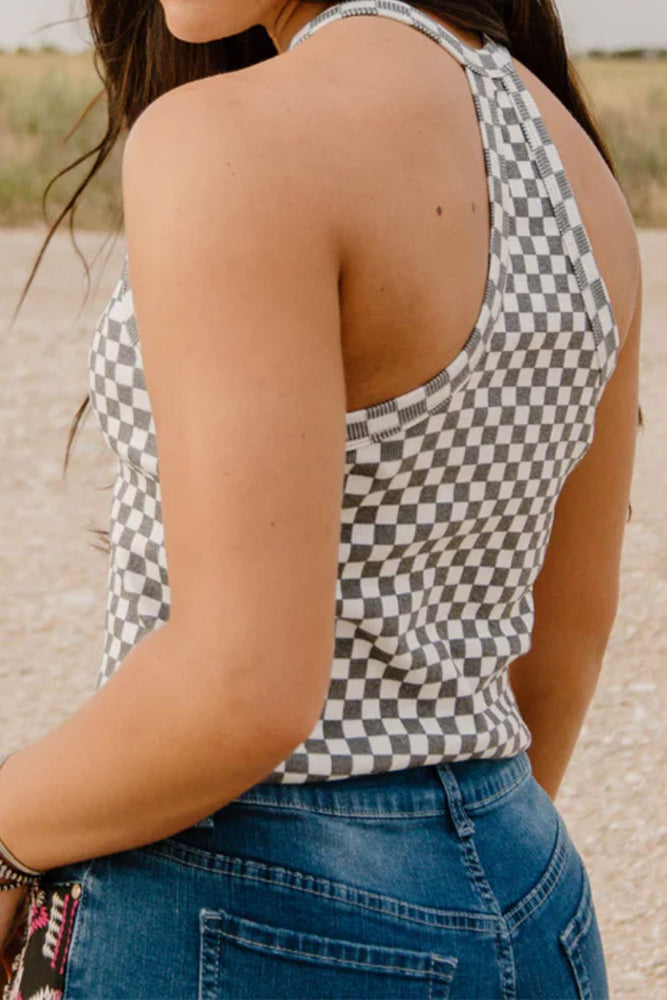 Gray Checkered Print Textured Halter Tank Top Dear lover