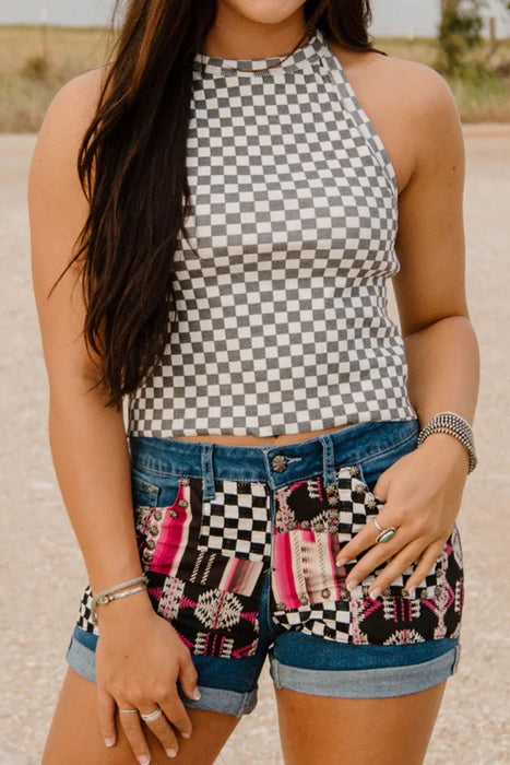 Gray Checkered Print Textured Halter Tank Top Dear lover