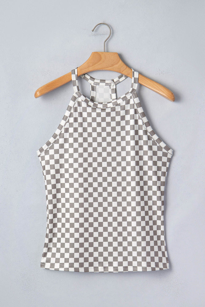 Gray Checkered Print Textured Halter Tank Top Dear lover