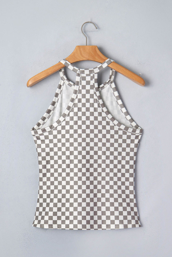 Gray Checkered Print Textured Halter Tank Top Dear lover
