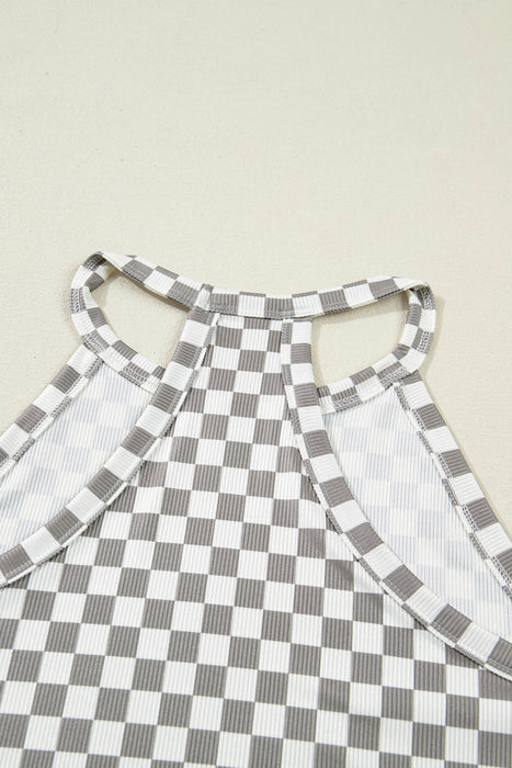 Gray Checkered Print Textured Halter Tank Top Dear lover