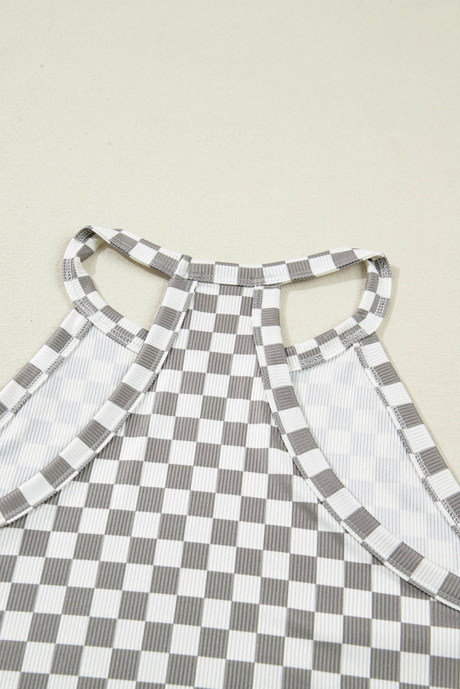 Gray Checkered Print Textured Halter Tank Top Dear lover