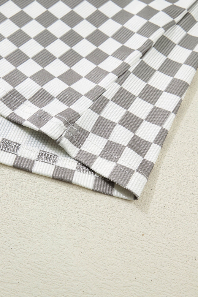 Gray Checkered Print Textured Halter Tank Top Dear lover
