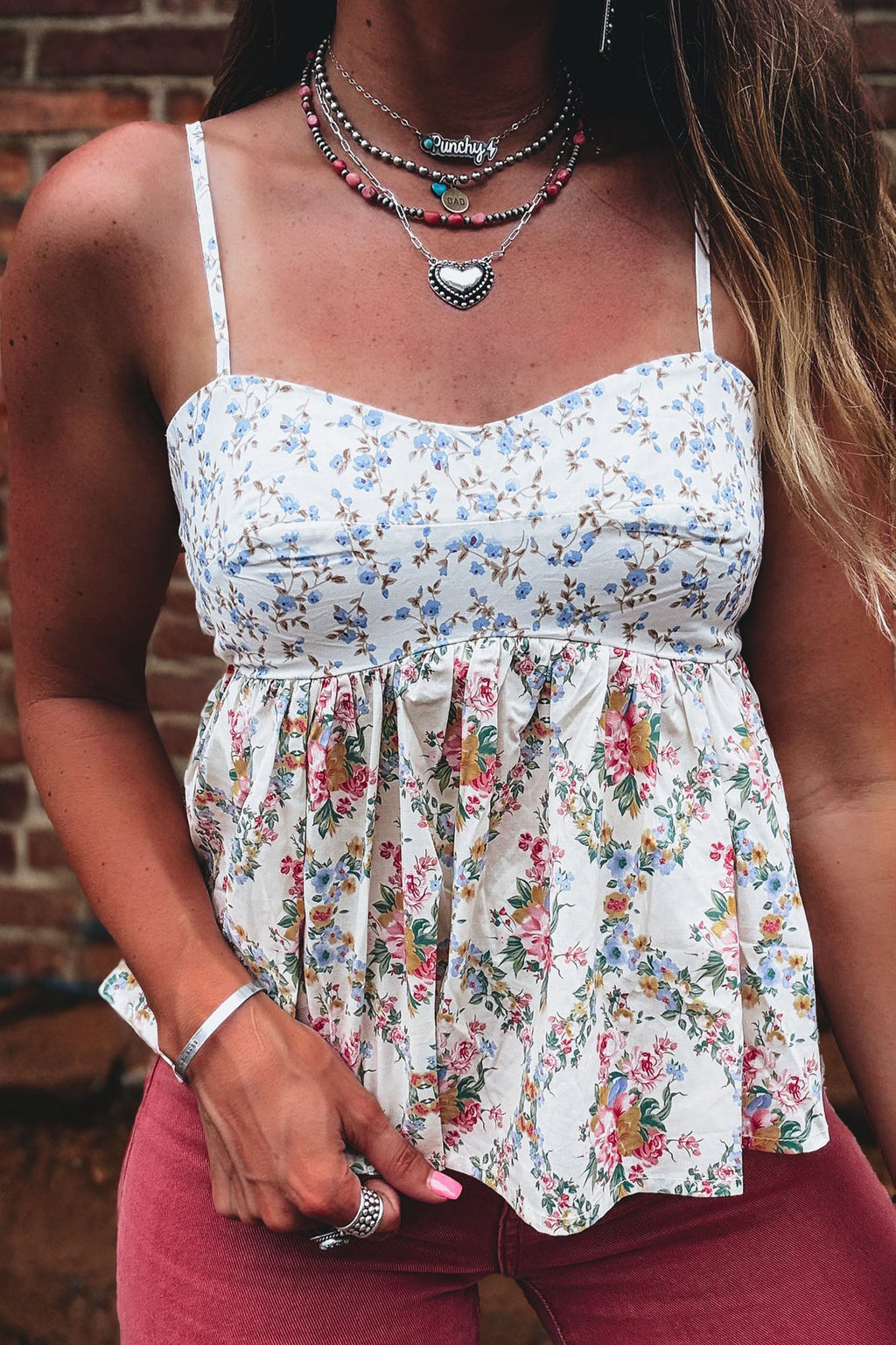 White Contrast Floral Printed Patchwork Spaghetti Straps Babydoll Top