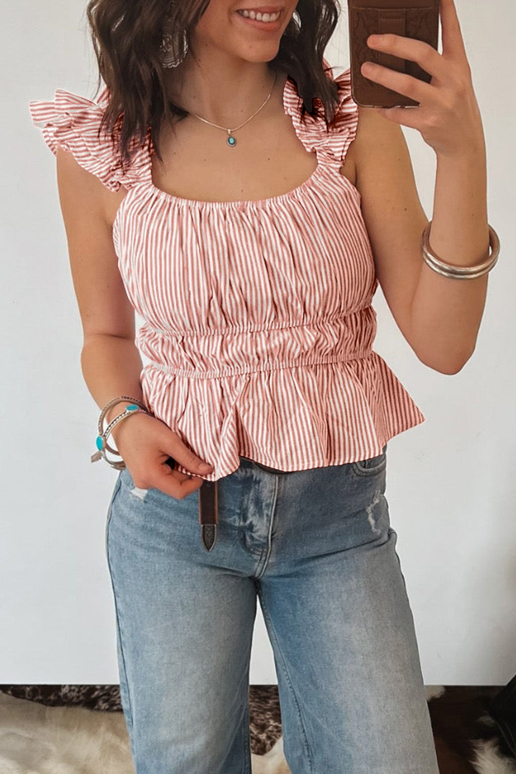 Pink Stripe U Neck Ruffle Trim Cinched Waist Tank Top