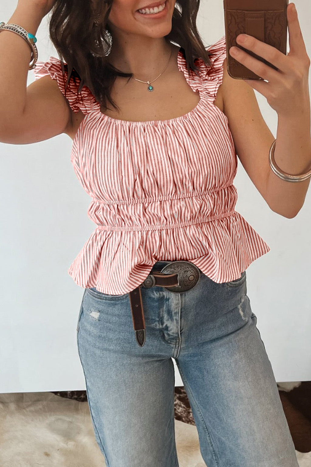 Pink Stripe U Neck Ruffle Trim Cinched Waist Tank Top